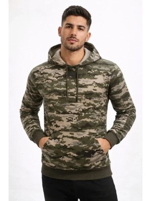 Erkek Kamuflaj Desenli 2 Iplik 4 Mevsim Kapüşonlu Kanguru Cepli Hoodie Sweatshirt - Kamuflaj