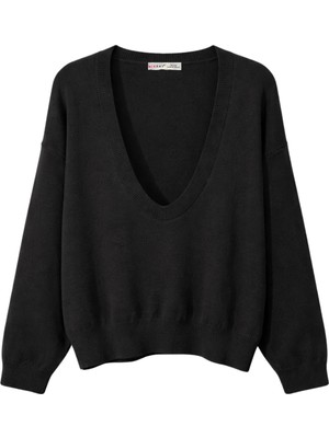 Mixray 7029 Kadın Derin V Yaka Basic Triko Kazak Siyah