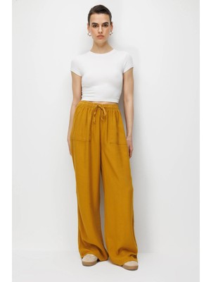 Mixray 4629 Kadın Bol Paça Yüksek Bel Viskon Palazzo Pantolon Hardal