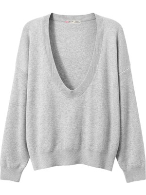 Mixray 7029 Kadın Derin V Yaka Basic Triko Kazak Açık Gri