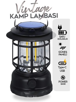 Suled Fanus Fener Vintage Kamp El Feneri USB Type-C Güneş Şarjlı 10W Güçlü Led Işık Power Bank Özellikli
