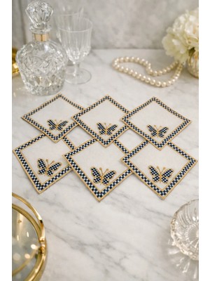 Zorensa Kelebek Nakışlı Gold Ekose Kokteyl Peçetelik 6’lı Set – 13X13 Kare Kahve & Çay Sunumluk