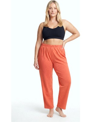 Giyim Kadın Turuncu Dokulu Büyük Beden Cepli Pijama Altı Rahat Kesim Esnek Bel Günlük Ev Giyim Alt