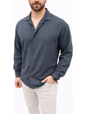Tarz Yeri Erkek Aerobin Kumaş Oversize 4 Mevsim Uzun Kollu Rahat Kalıp Gömlek - Füme