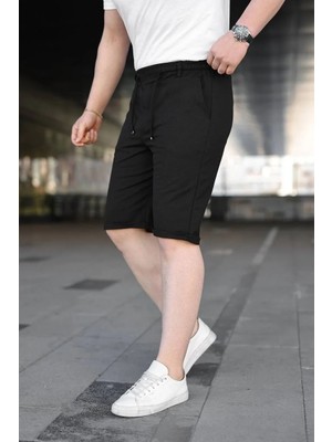 Lushiowear Erkek Diagonel Kumaş Duble Paça Cepli Bağcıklı Bel Lastikli Şort - Siyah
