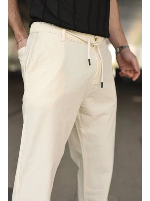 Pileli Store Erkek Keten Cepli Pantolon Lastikli Bel Bağcıklı Önden Fermuarlı - Krem