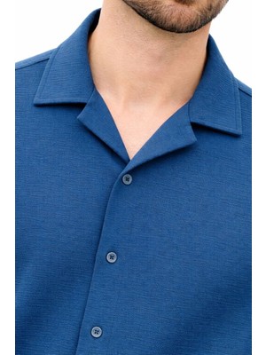 Pileli Store Erkek Aerobin Kumaş Oversize 4 Mevsim Uzun Kollu Rahat Kalıp Gömlek - Indigo