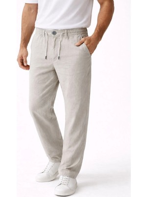 Pileli Store Erkek Keten Cepli Pantolon Lastikli Bel Bağcıklı Önden Fermuarlı - Gri