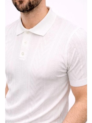 Tarz Yeri Erkek Yazlık Triko Tişört Kısa Kol Polo Yaka Düğmeli T-Shirt - Beyaz