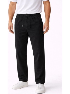 MidasTech Erkek Keten Cepli Pantolon Lastikli Bel Bağcıklı Önden Fermuarlı - Siyah