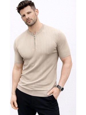 Erkek Kısa Kol Fitilli Triko T-Shirt Yazlık Hakim Yaka Tişört - Bej