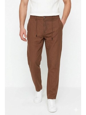 Pileli Store Erkek Keten Cepli Pantolon Lastikli Bel Bağcıklı Önden Fermuarlı - Kahverengi