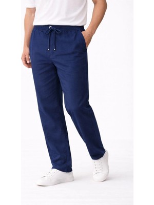 MidasTech Erkek Keten Cepli Pantolon Lastikli Bel Bağcıklı Önden Fermuarlı - Indigo