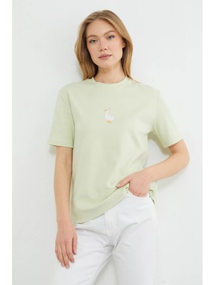 FullaModa Ördek Nakışlı Bisiklet Yaka Salaş Tişört