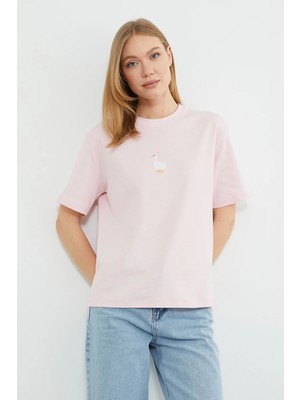 FullaModa Ördek Nakışlı Bisiklet Yaka Salaş Tişört