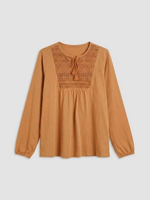 LC Waikiki Lcw Grace Kahverengi Bağlamalı Yaka Nakışlı Bluz