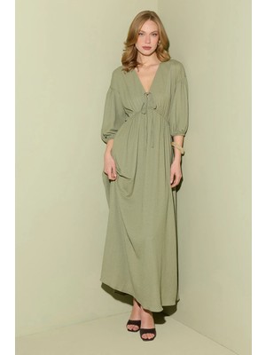 FullaModa Önü Bağlamalı Beli Lastikli Maxi Boy Elbise