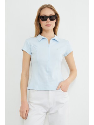 FullaModa Metal Aksesuarlı Yarım Fermuarlı Slim Fit Tişört