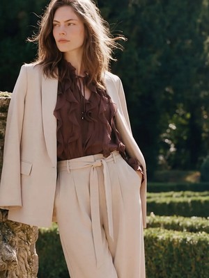 LC Waikiki Lcw Vision Kahverengi Bağlamalı Yaka Fırfırlı Bluz