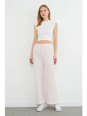 FullaModa Çizgili Beli Lastikli Wide Leg Pantolon