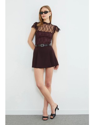 FullaModa Beli Kemerli Pileli Şort Etek