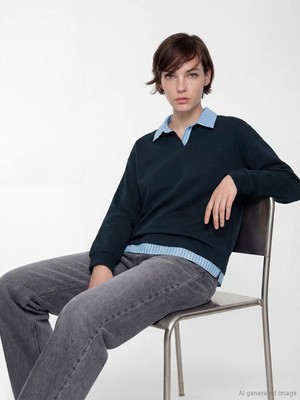 LC Waikiki Natuvera Lacivert Gömlek Yaka Çizgili Bluz