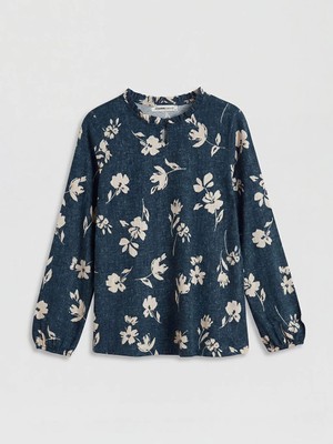 LC Waikiki Lcw Grace Lacivert Fırfırlı Dik Yaka Çiçekli Bluz