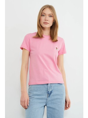 FullaModa Çiçek Nakışlı Bisiklet Yaka Tişört