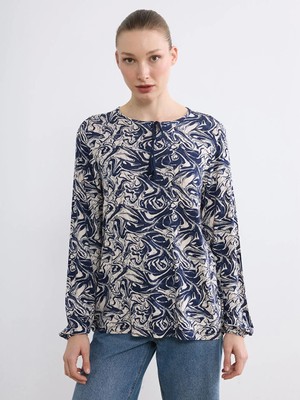 LC Waikiki Lc Waıkıkı Lacivert Bağlamalı Yaka Desenli Bluz