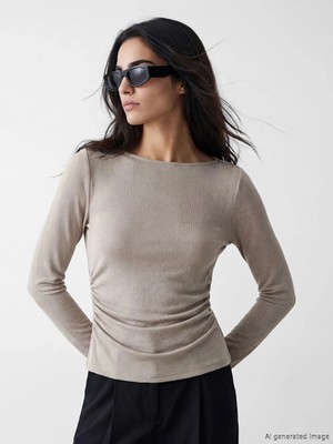 LC Waikiki Lcw Vision Gri Kayık Yaka Büzgülü Bluz