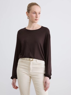 LC Waikiki Lc Waıkıkı Kahverengi Bisiklet Yaka Balon Kollu Oversize Bluz