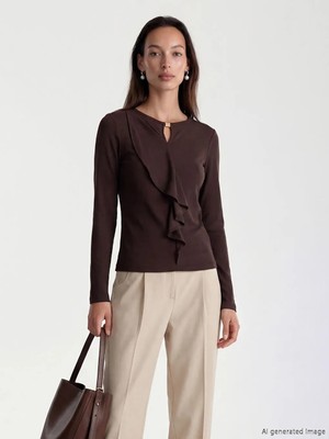 LC Waikiki Lcwaıkıkı Classic Kahverengi Bisiklet Yaka Fırfırlı Bluz