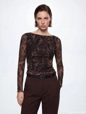 LC Waikiki Lcw Vision Kahverengi Kayık Yaka Leopar Desenli Büzgülü Bluz