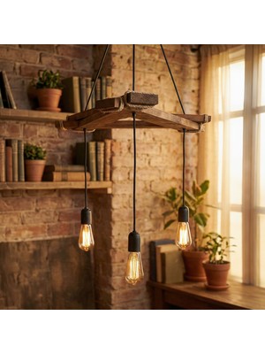 Celestia Home Dekoratif Doğal Ahşap Üçgen Gövdeli 3'lü Sarkıt Avize - Rustik Halatlı Geometrik Kütük Lamba