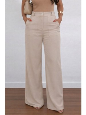 Infivento Kadın Yüksek Bel Geniş Paça Detaylı Cepli Ithal Krep Pantolon