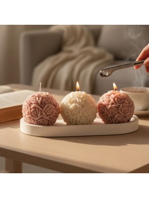 Natura Home Decor 3’lü Gül Mum Seti – Tepsili Dekoratif Mum