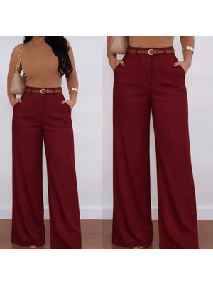 Runiquehome Kadın Yüksek Bel Geniş Paça Detaylı Cepli Ithal Krep Pantolon