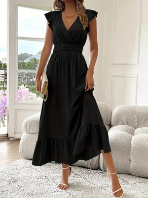 Deridün Yıldız Shoes Kadın Kısa Kollu Kruvaze Yakalı Beli Lastikli Müslim Elbise