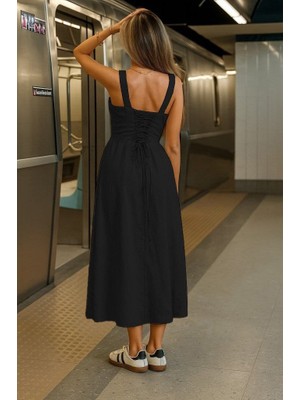 Bet's  Kadın Askılı Geniş V Yakalı Sırttan Bağlamalı Yırtmaçlı Süprem Elbise