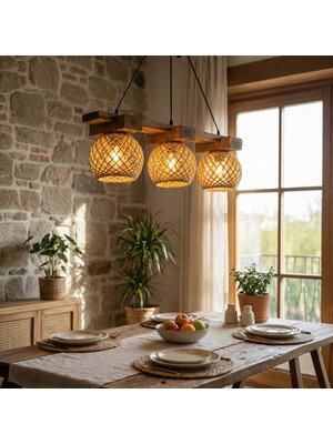 Celestia Home Dekoratif Geniş Ahşap Gövdeli 3'lü Hasır Şapkalı Sarkıt Avize - Rustik Çiftlik Evi Salon ve Yemek Masası Lambası