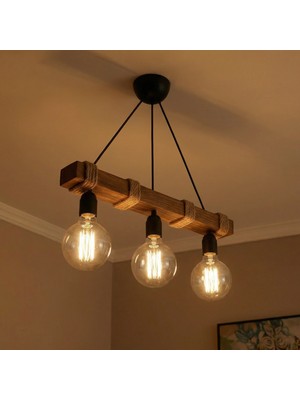 Celestia Home Dekoratif Doğal Ahşap 3'lü Sıralı Kütük Avize - Rustik Halatlı Kompakt Tavan Lambası, Salon Endüstriyel Aydınlatma