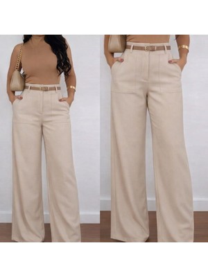 Serac Collection Kadın Yüksek Bel Geniş Paça Detaylı Cepli Ithal Krep Pantolon