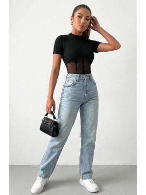 Nova Epoxy Art Kadın Transparan Detay Kısa Kol Kaşkorse Bluz