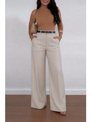 Gacha Kadın Yüksek Bel Geniş Paça Detaylı Cepli Ithal Krep Pantolon