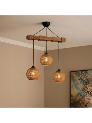 Celestia Home Dekoratif Doğal Ahşap Gövdeli 3'lü Hasır Şapkalı Halatlı Sarkıt Avize - Rustik Bohem Salon Lambası