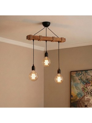 Celestia Home Dekoratif Doğal Ahşap 3'lü Sarkıt Avize - Rustik Halatlı Kütük Tavan Lambası, Salon ve Yemek Masası Için