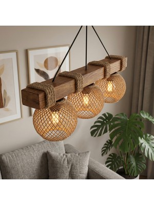 Celestia Home Dekoratif Doğal Ahşap Gövdeli 3'lü Sıralı Hasır Şapkalı Halatlı Avize - Kompakt Rustik Tavan Lambası
