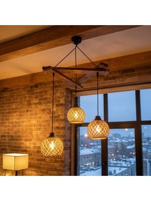 Celestia Home Dekoratif Ahşap Üçgen Gövdeli 3'lü Hasır Şapkalı Sarkıt Avize - Rustik Bohem Çapraz Kütük Lamba