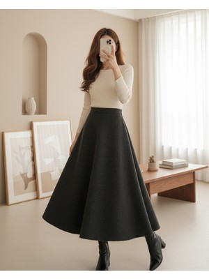 Modamorfo Fermuarlı Kaşe Çan Etek   -Füme