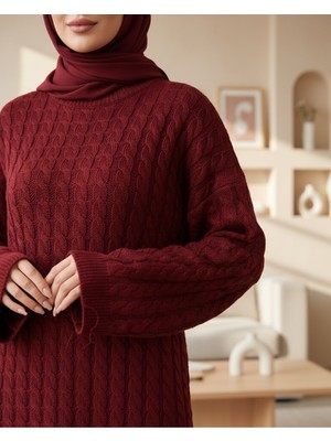 Modamorfo Saç Örgü Triko Elbise -Bordo